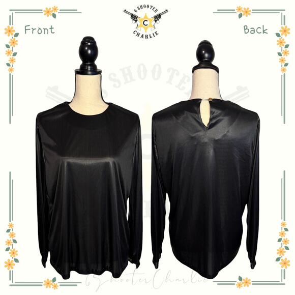 Vintage Village Fair Black Shiny Stretch Blouse Women's Size Medium Made in USA - Picture 1 of 7